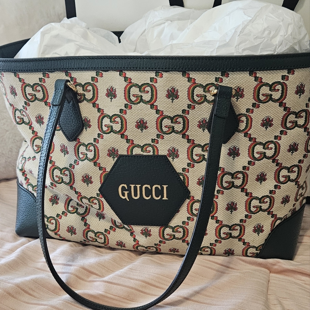 Gucci 100 Centennial Ophedia Medium Tote Bag Green Tan Purse Monogram Fl…